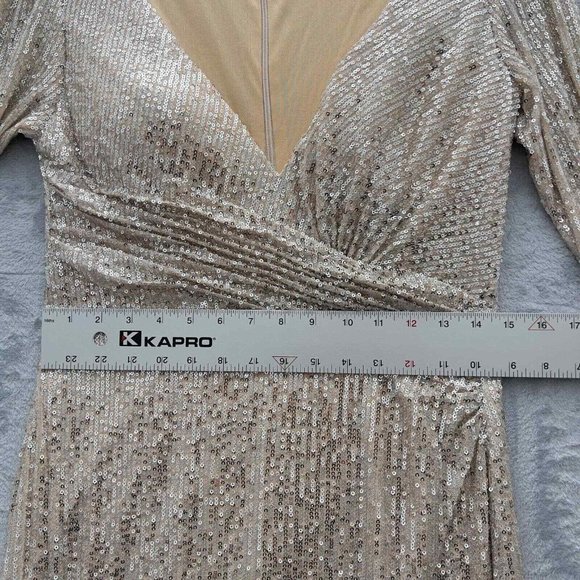 MAC DUGGAL IEENA Sequined Faux Wrap Long Sleeve Gown Size 8 NWT Nude Silver 0064 - Picture 9 of 16